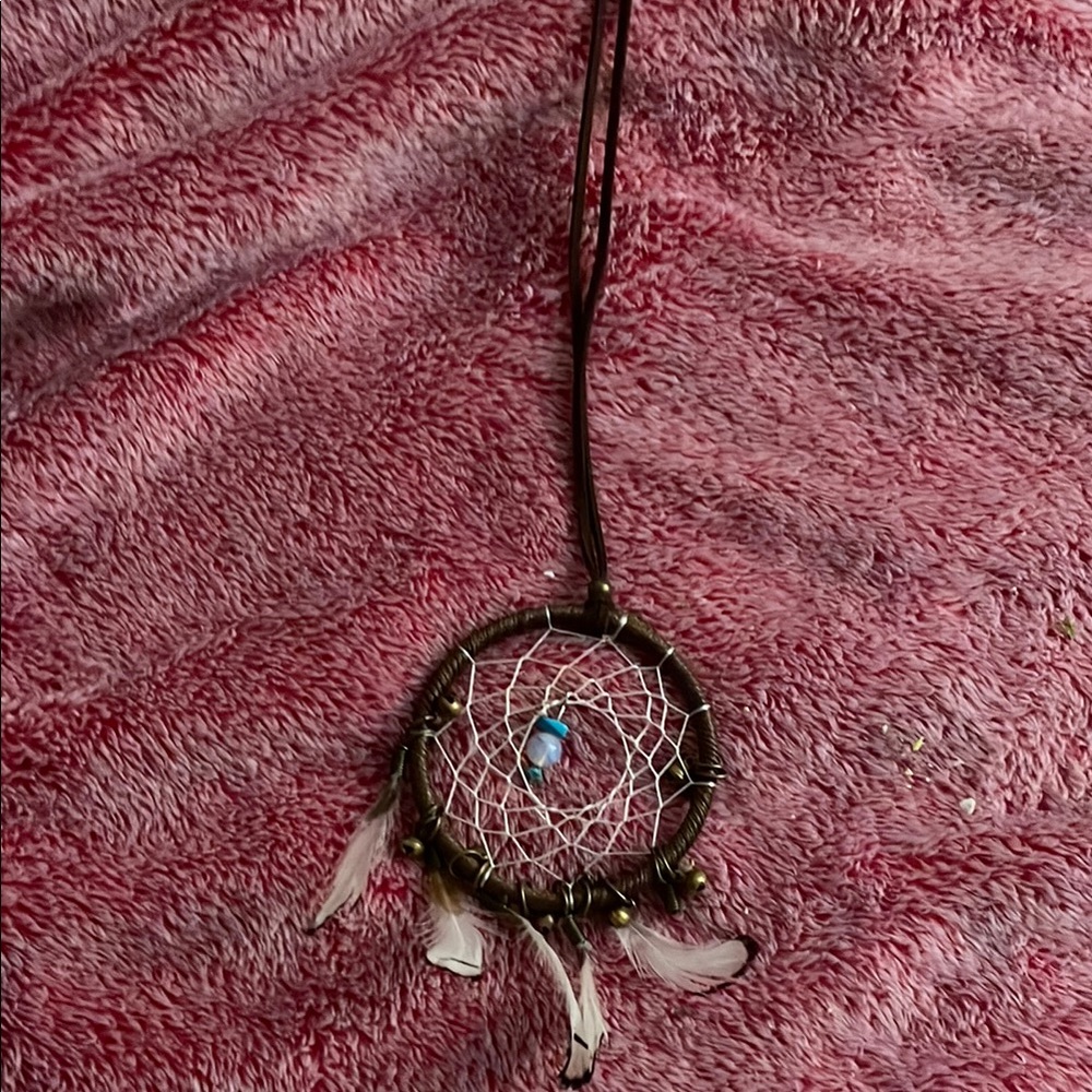 Brown and Blue Dreamcatcher Necklace with Feather Accents